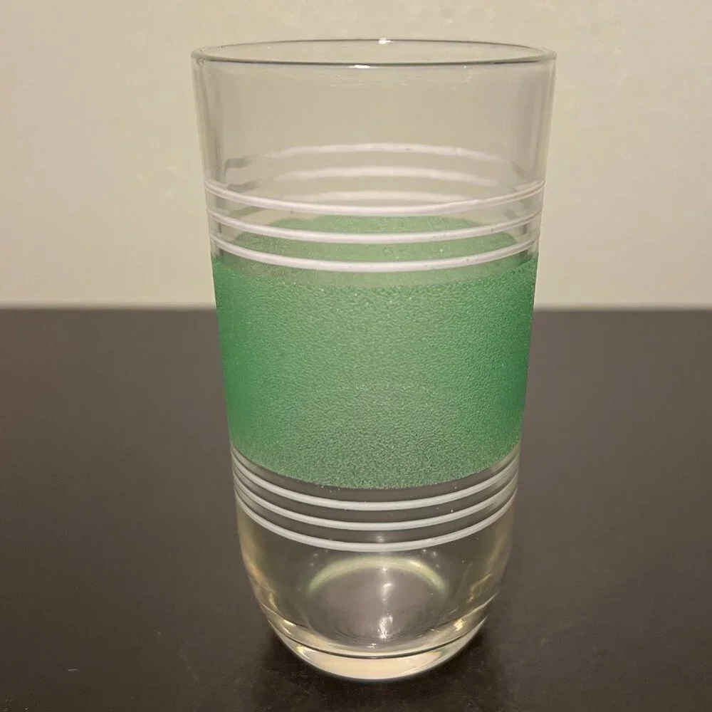 Vtg Hazel Atlas MCM Red Green Stripe Juice Glasses Set of 2 Frosted 8oz Tumbler
